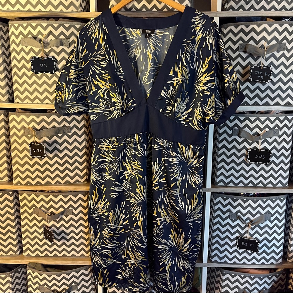 Mossimo Supply Co. Blue and Yellow Midi Dress with V-Neck and Cinched Waist